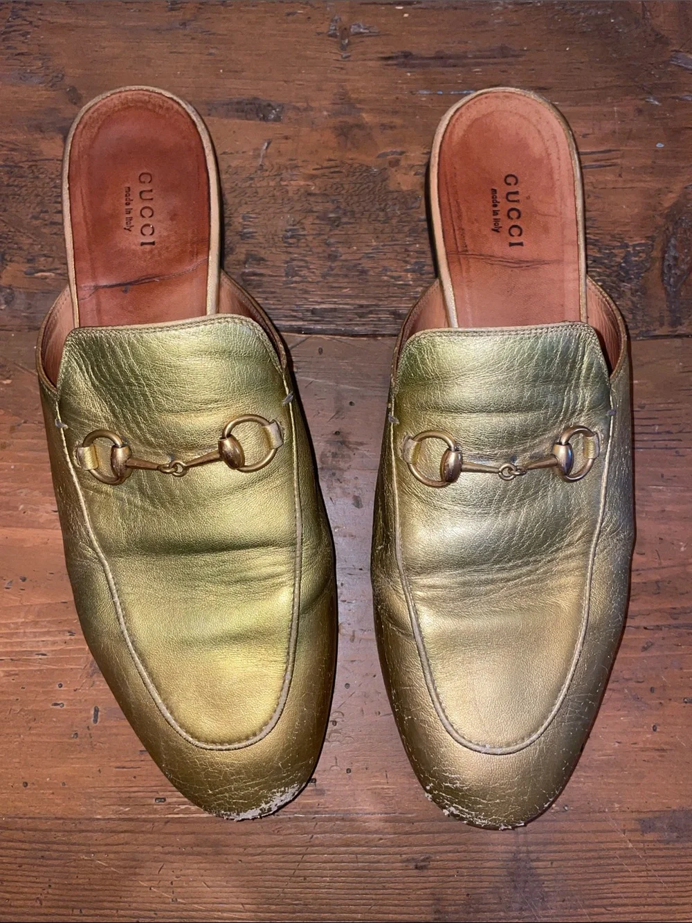 Gucci Metallic Gold Leather Slip-On Horsebit Mules